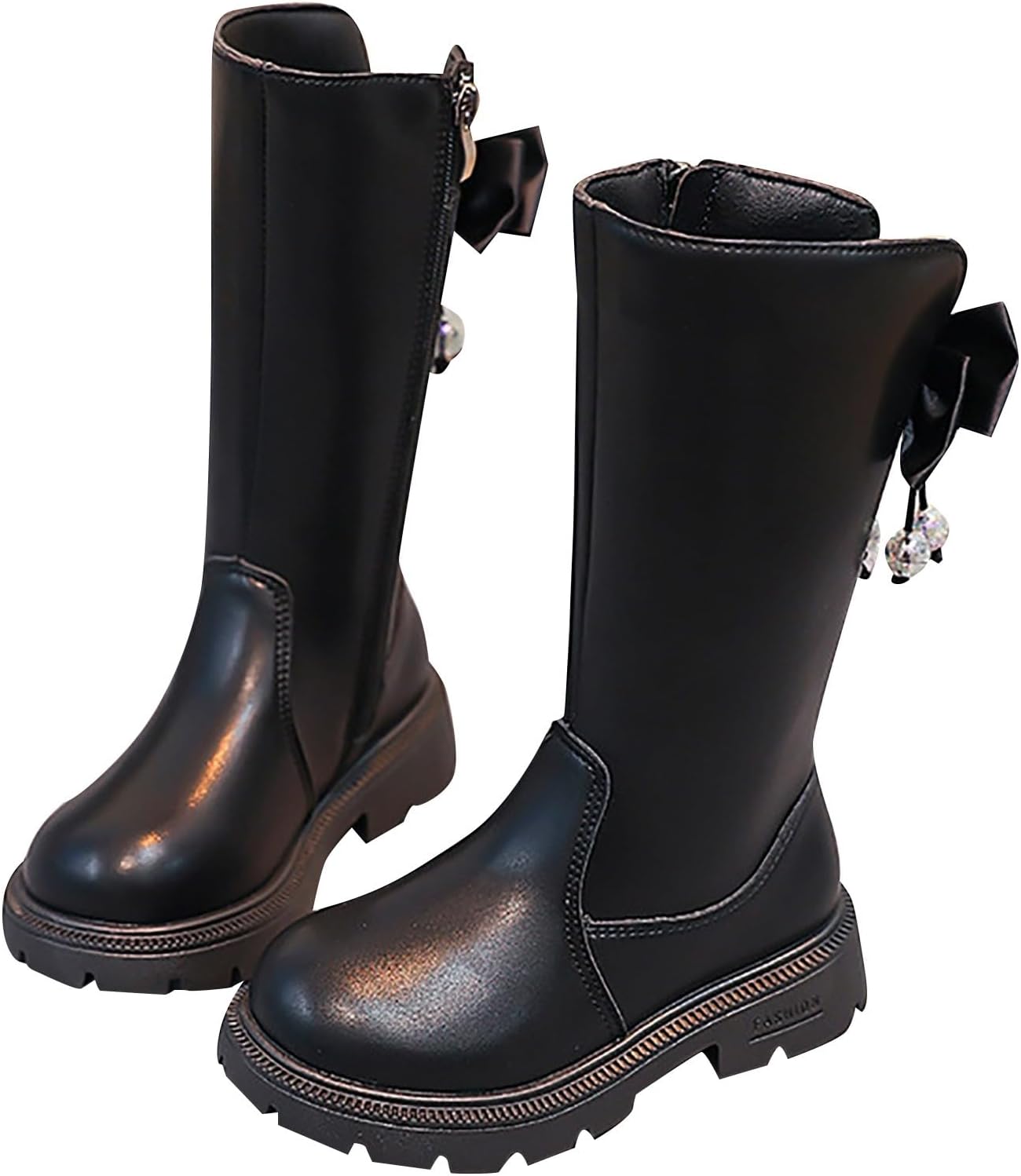 

Детские сапоги до колена для девочек, сапоги средней длины, верховые сапоги, искусственная кожа, молния, панк/гот стиль, осень-зима, с бантом, боевые сапоги, маленькие и большие размеры Generic, #01 Black