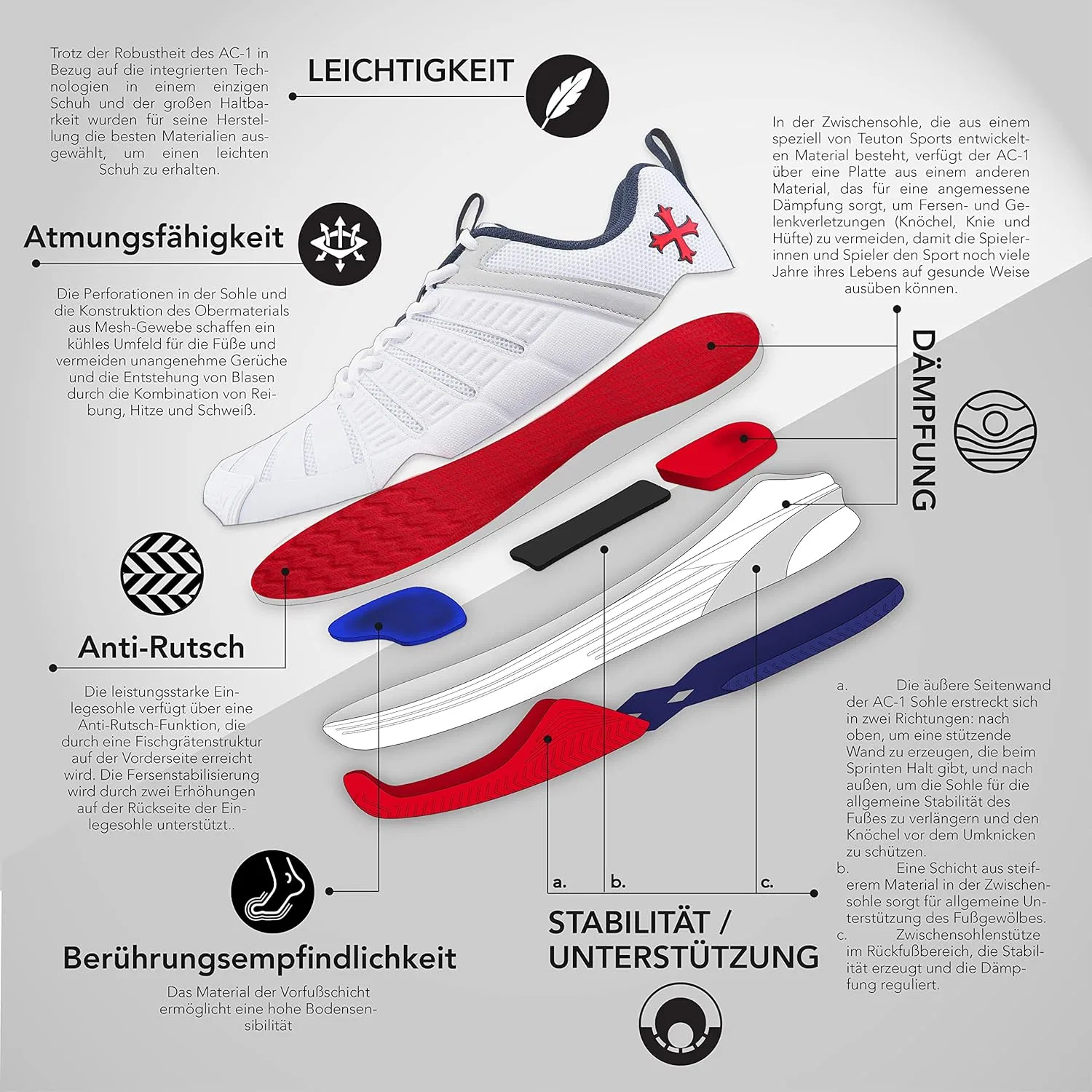 Кроссовки Teuton, AC1 All-Court Shoes, Indoor Shoes - Squash Tennis Handball Padel Volleyball Pickleball - Indoor Shoes, Navy — фото 4
