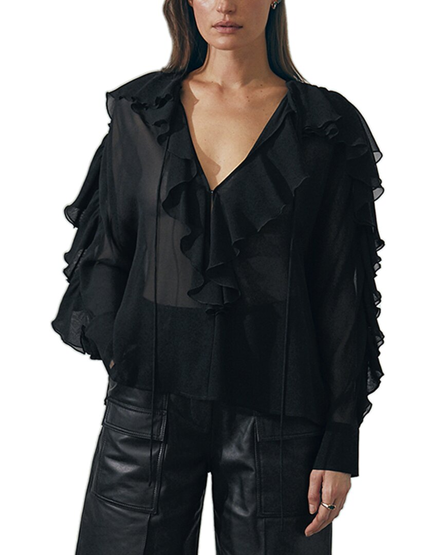 

Reiss Kiani Ruffle длинный рукав шелковый топ, черный