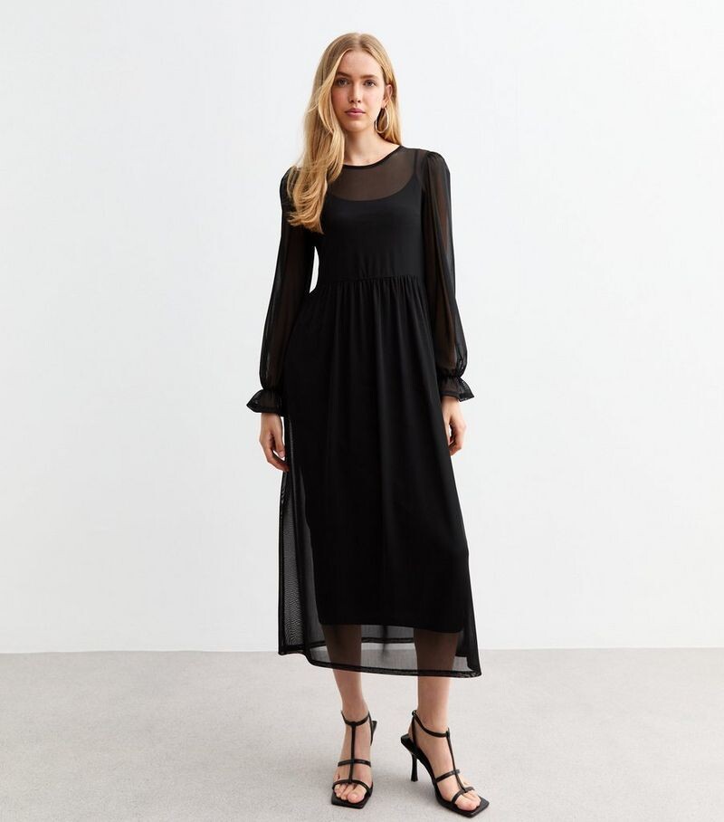 

Черное свободное платье миди с длинными рукавами в сеточку New Look, черный