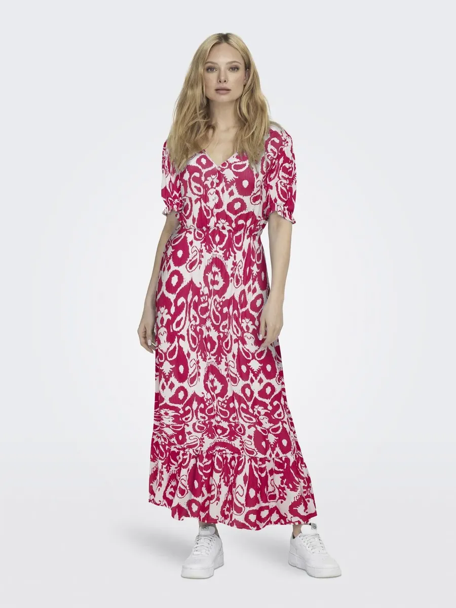 

Only платье макси "ONLCHIANTI S/S LONG DRESS WVN NOOS", цвет Bright Rose Aop:Christina Print