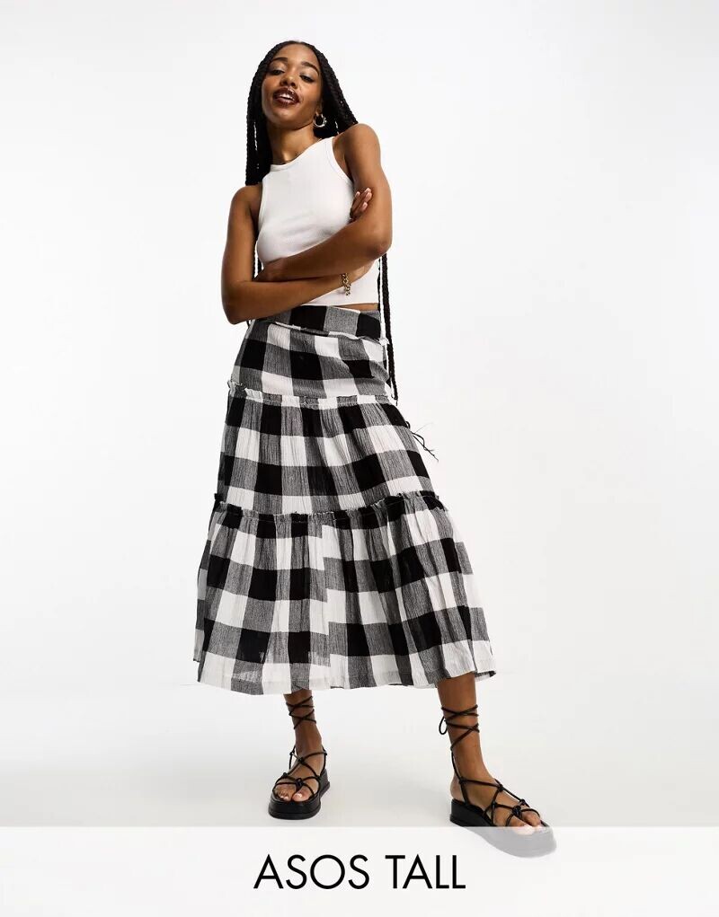 

Черно-белая ярусная юбка миди в крупную клетку ASOS DESIGN Tall