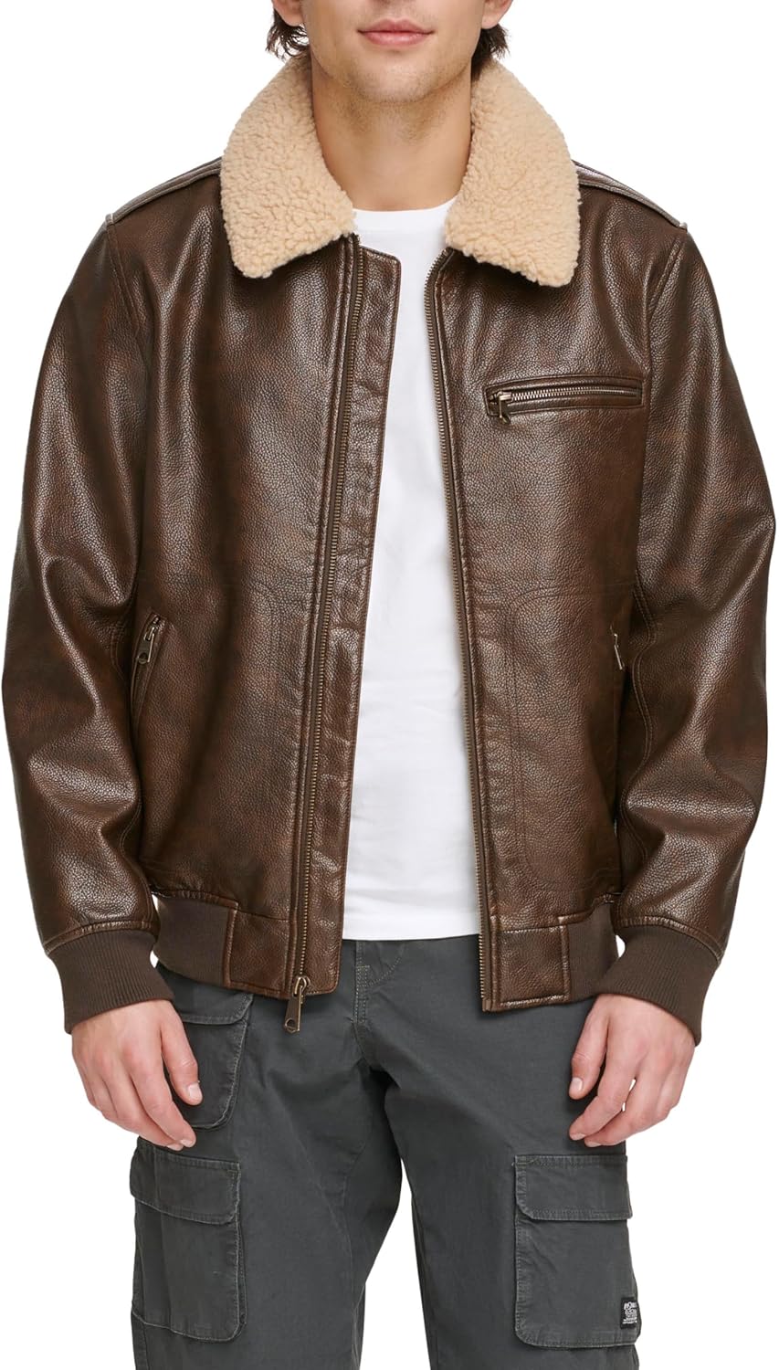 

Levi's Mens Куртка-бомбер Levi's из искусственной кожи с воротником из шерпы, Brown