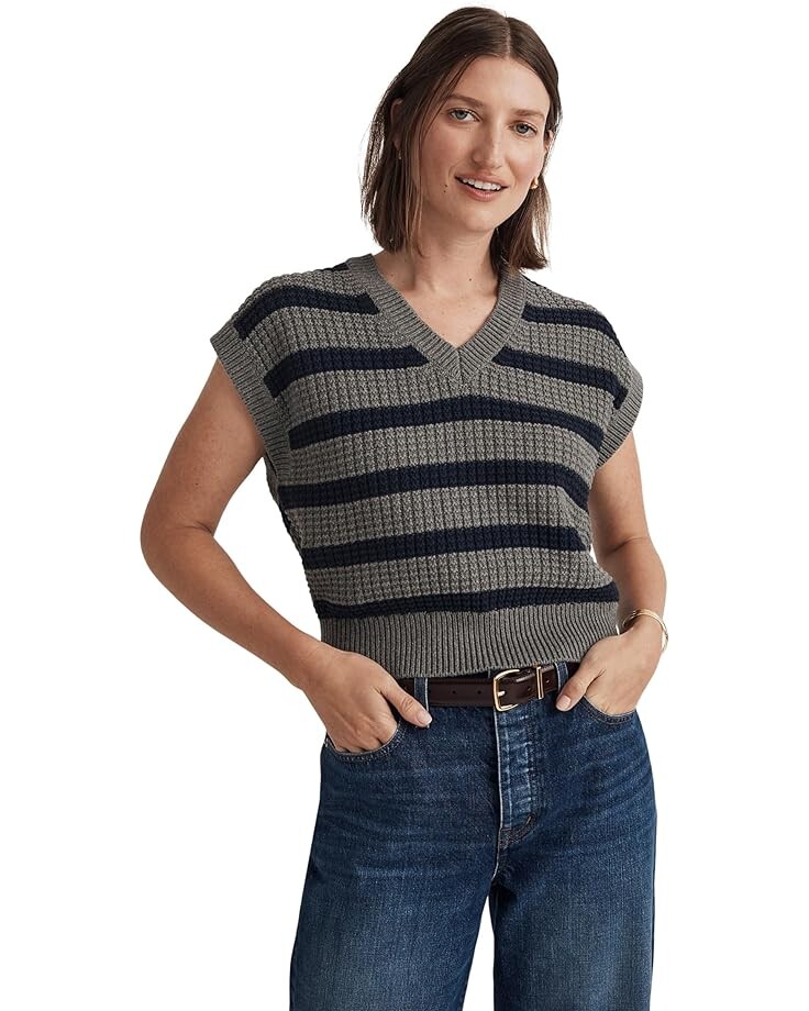 

Свитер Madewell Waffle-Knit Sweater Vest in Stripe, цвет Heather Pewter