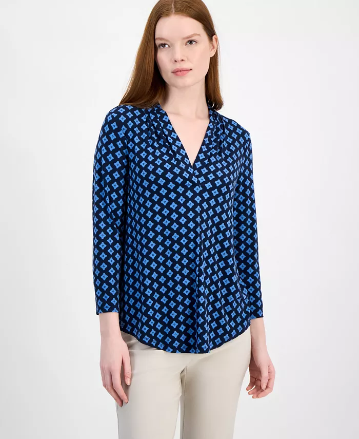 

Женский трикотажный топ с V-образным вырезом и рукавом 3/4, с принтом и однотонными деталями JM Collection, синий