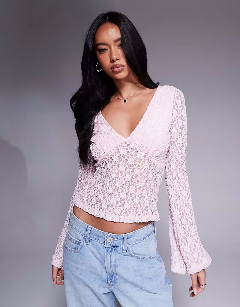 

Кружевной топ с глубоким вырезом и рукавами-фонариками ASOS DESIGN нежно-розового цвета