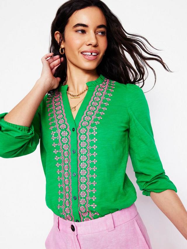 

Топ с вышитой оборкой на шее Boden, цвет Rich Emerald