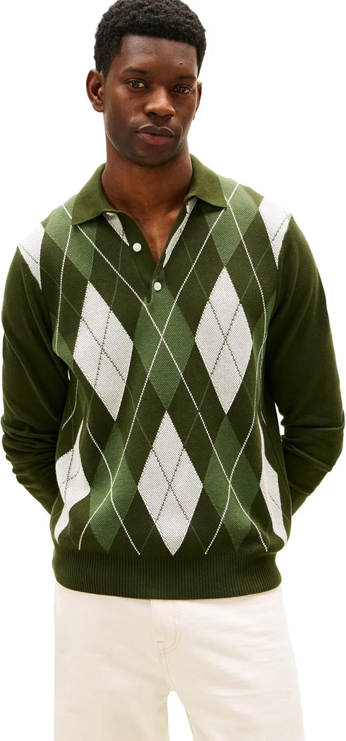 Tommy Hilfiger мужской хлопковый пуловер-поло с длинным рукавом в узоре аргайл, Arctic Spruce