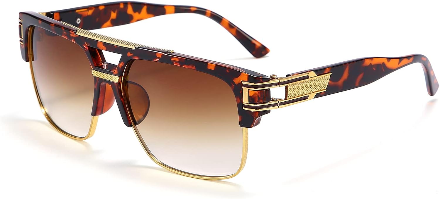 

Квадратные солнцезащитные очки Dollger для мужчин, классические большие солнцезащитные очки в стиле ретро, ​​полуободковая оправа из золотистого сплава, защита от УФ-излучения UV400, Tortoise Frame/Brown Gradient Lens