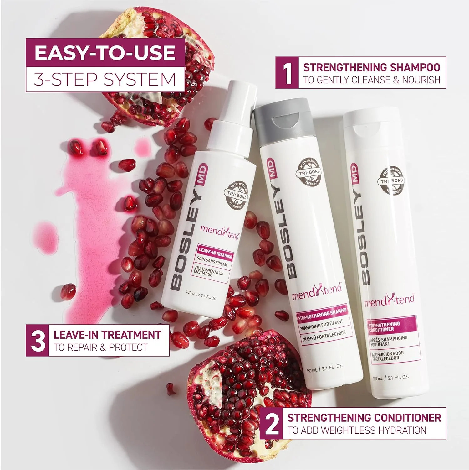 BosleyMD MendXtend Strengthening System с Saw Palmetto и Hyaluronic Acid - предотвращает ломкость и способствует росту для более длинных, густых и объемных волос, 1 шт (упаковка из 3) 134 мл (3 шт.) — фото 3