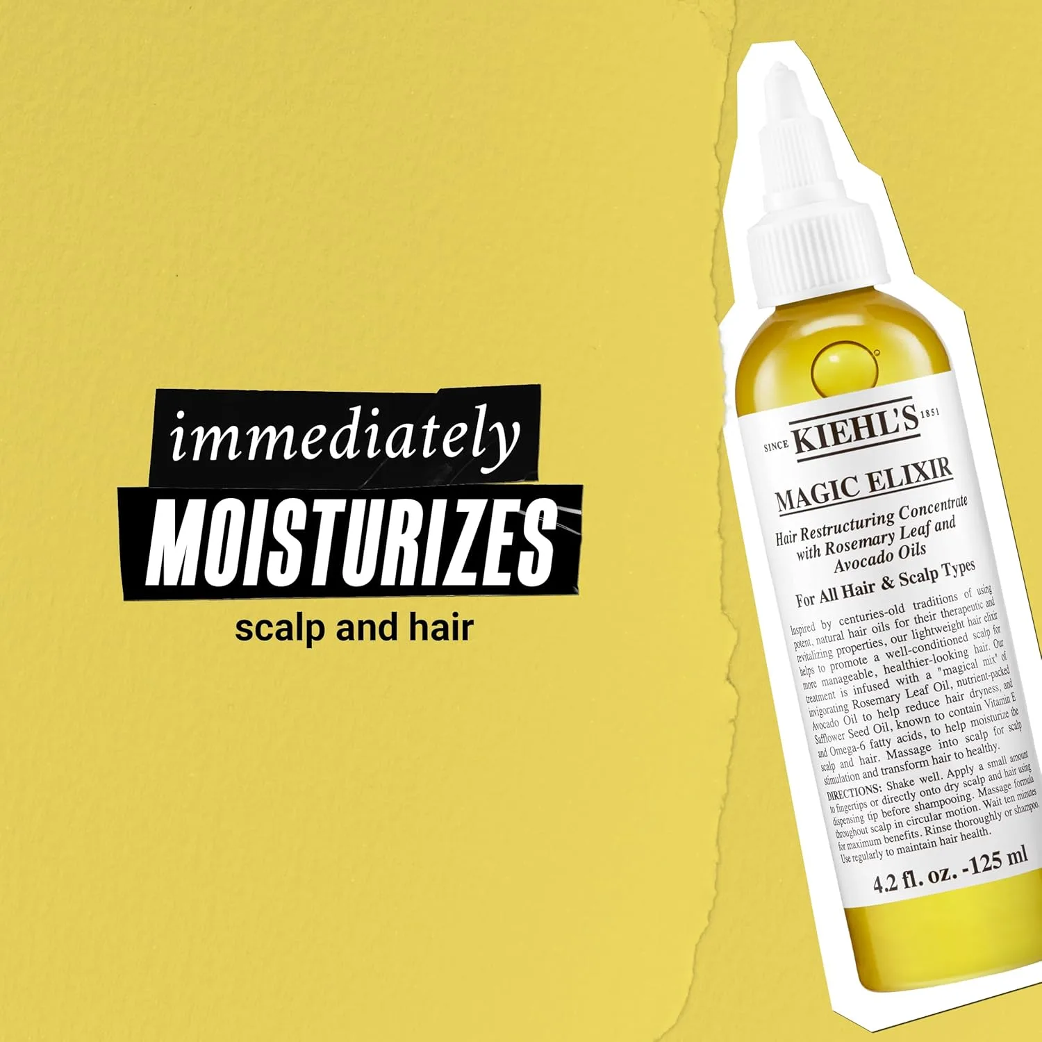 Kiehl's Magic Elixir Scalp and Hair Oil Treatment, увлажняющая предшампунь-сыворотка для естественного блеска и мягкости волос, с маслом авокадо и розмарина, без сульфатов, для всех типов волос - 124 мл — фото 4