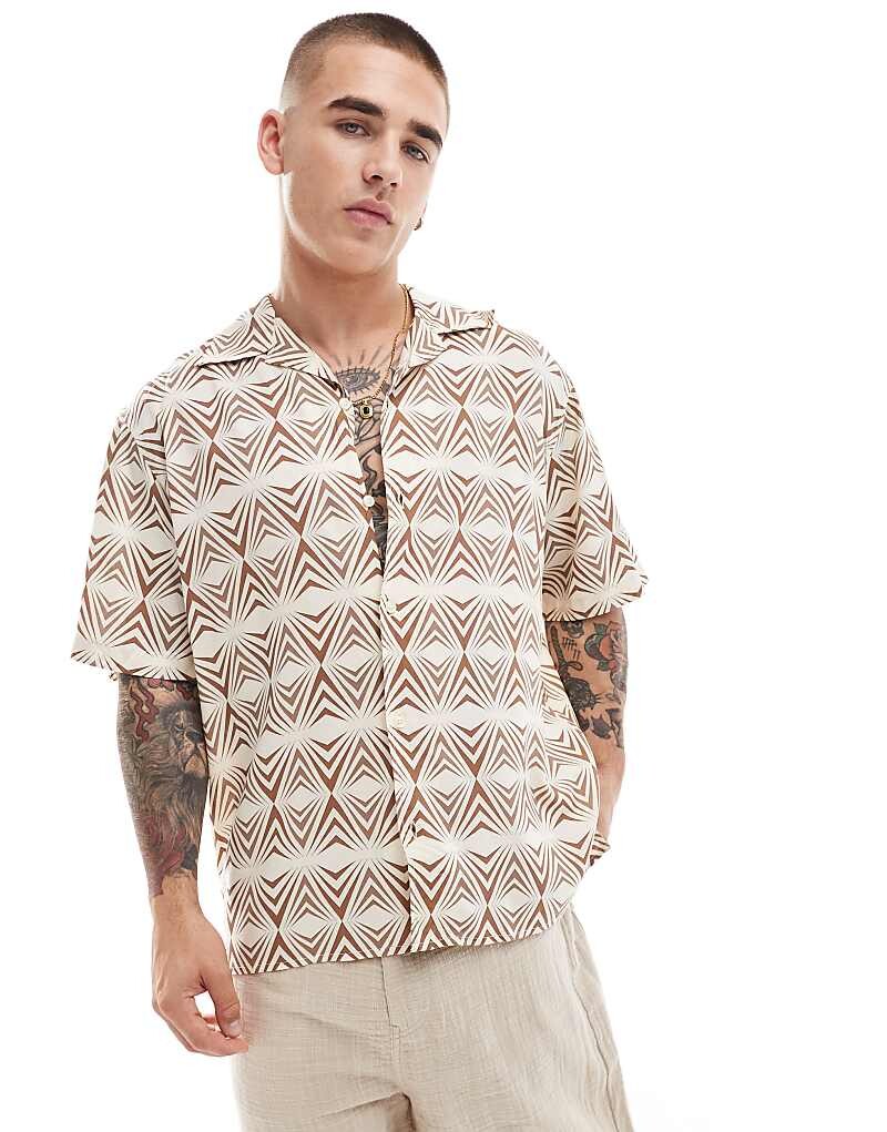

Selected Homme –Рубашка с короткими рукавами бежевого цвета с геометрическим узором