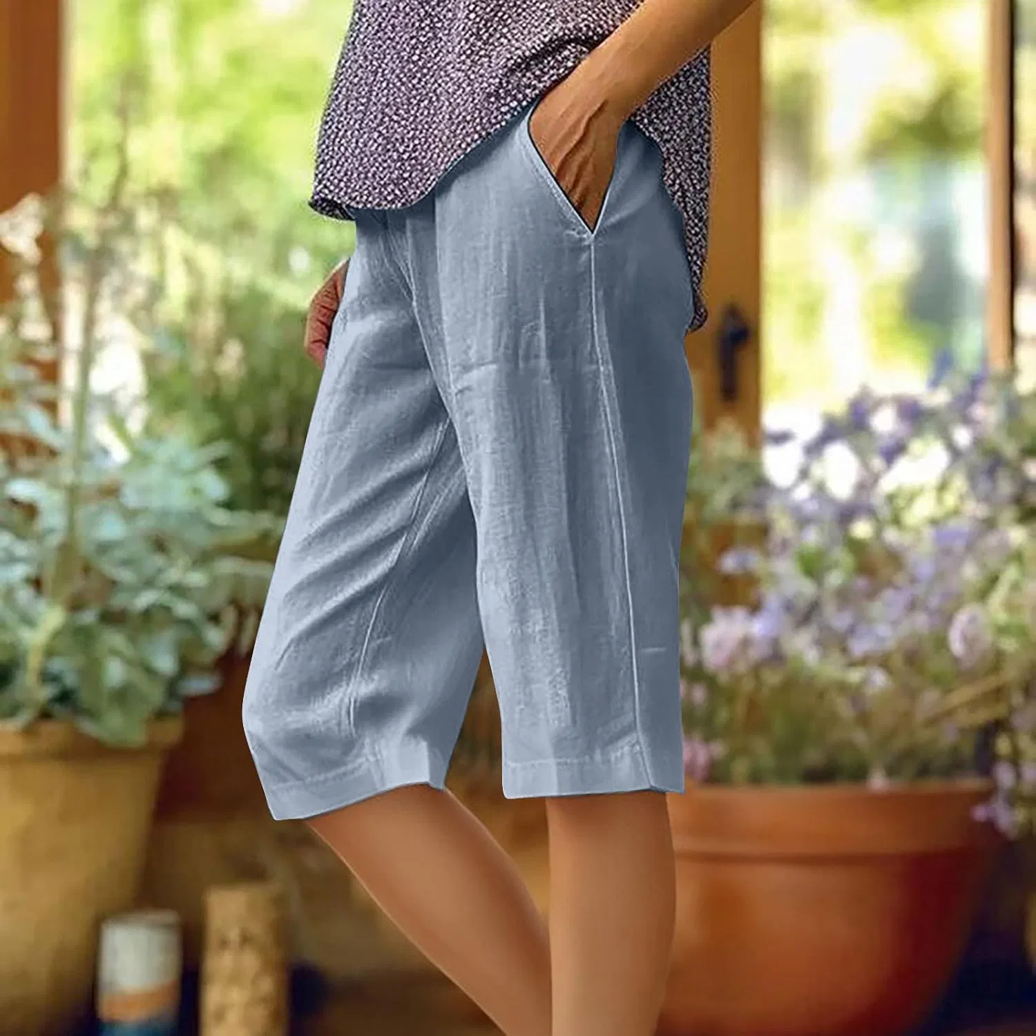 Капри женские с завязками на поясе, Cotton Linen, синий — фото 2