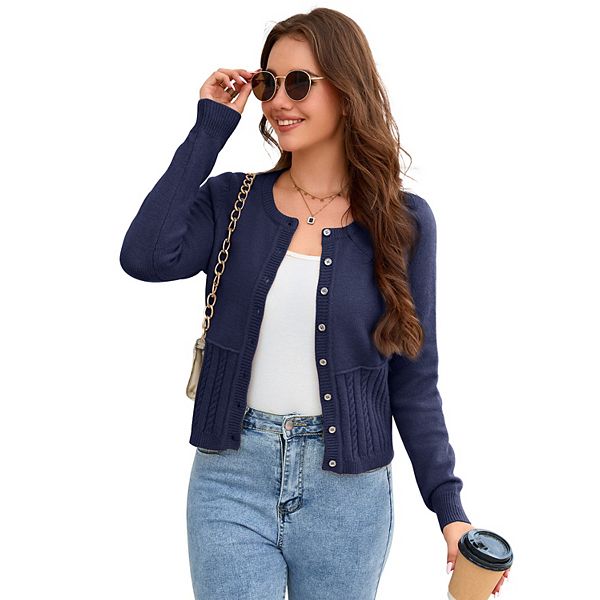 

Женский короткий кардиган с круглым вырезом и пуговицами спереди Clearflower, Dark Blue