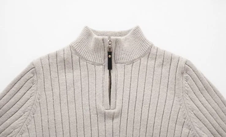 Мужской полувысокий воротник свитер Slim Fit вязаный пуловер вертикальная полоска длинный рукав базовый слой вязаные свитера Generic, серый — фото 3