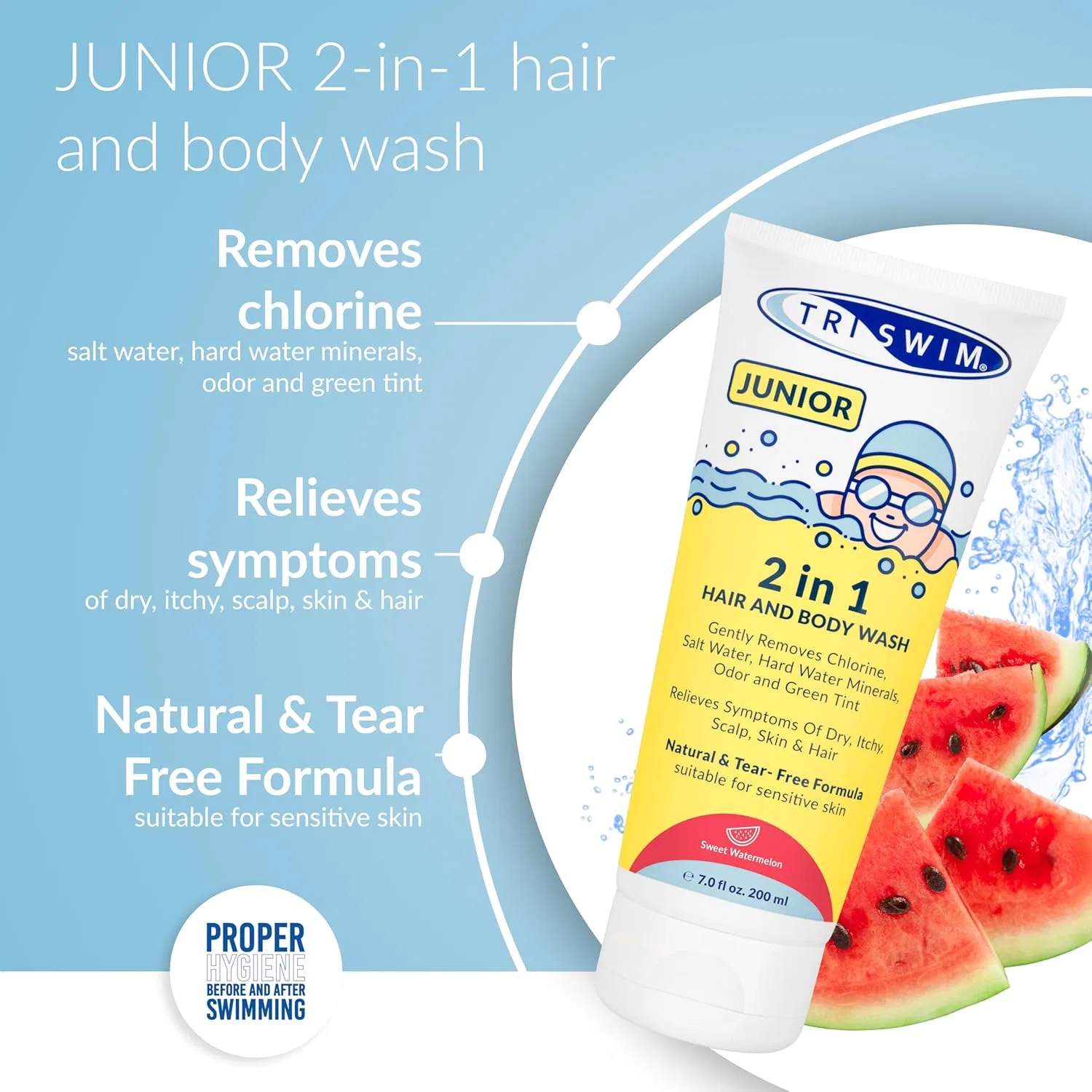 Детский шампунь и гель для душа TRISWIM Junior After Swim, 2 штуки Triswim, Red (Watermelon) — фото 2