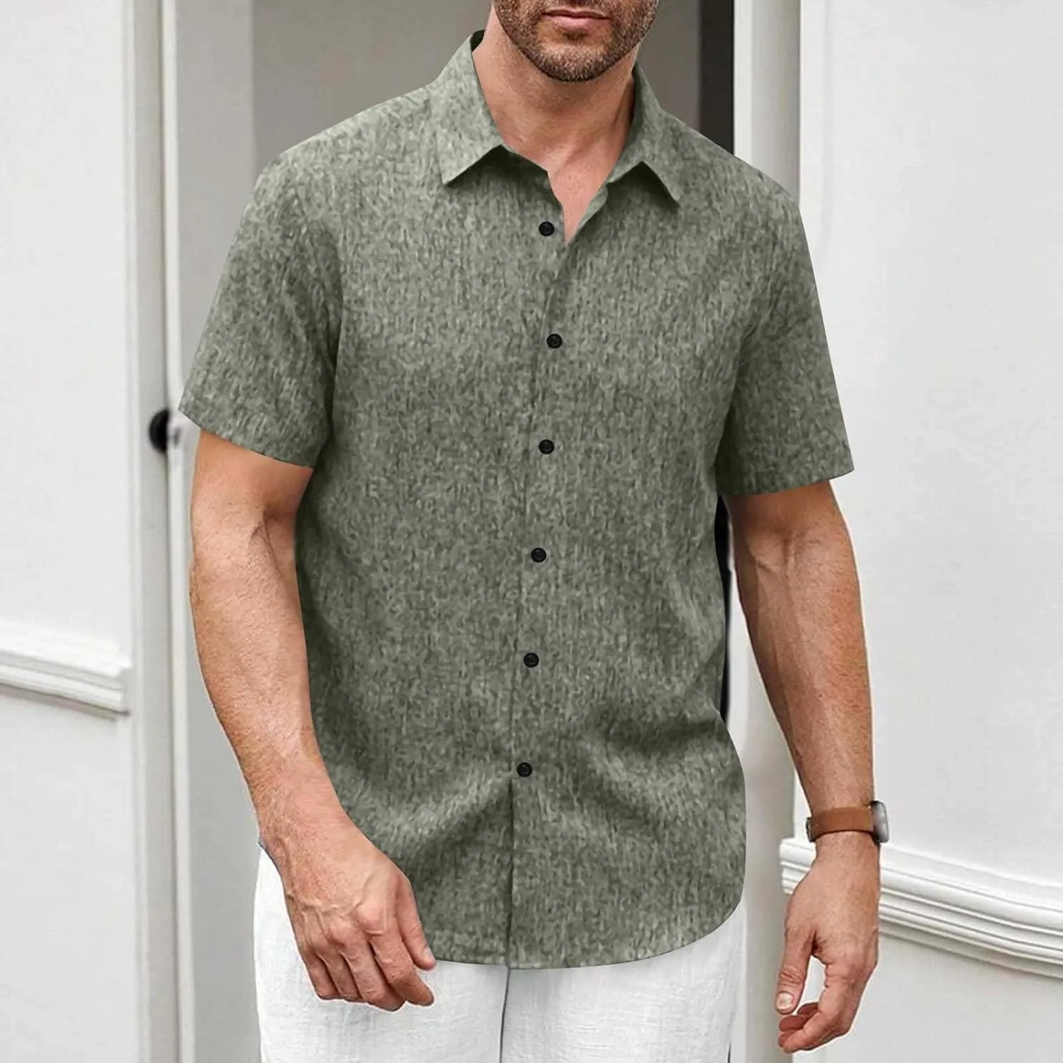 Мужские рубашки из хлопка и льна, повседневные, с коротким рукавом, на пуговицах, для пляжа, летнего отдыха, свадьбы, стандартного кроя Generic, зеленый — фото 2