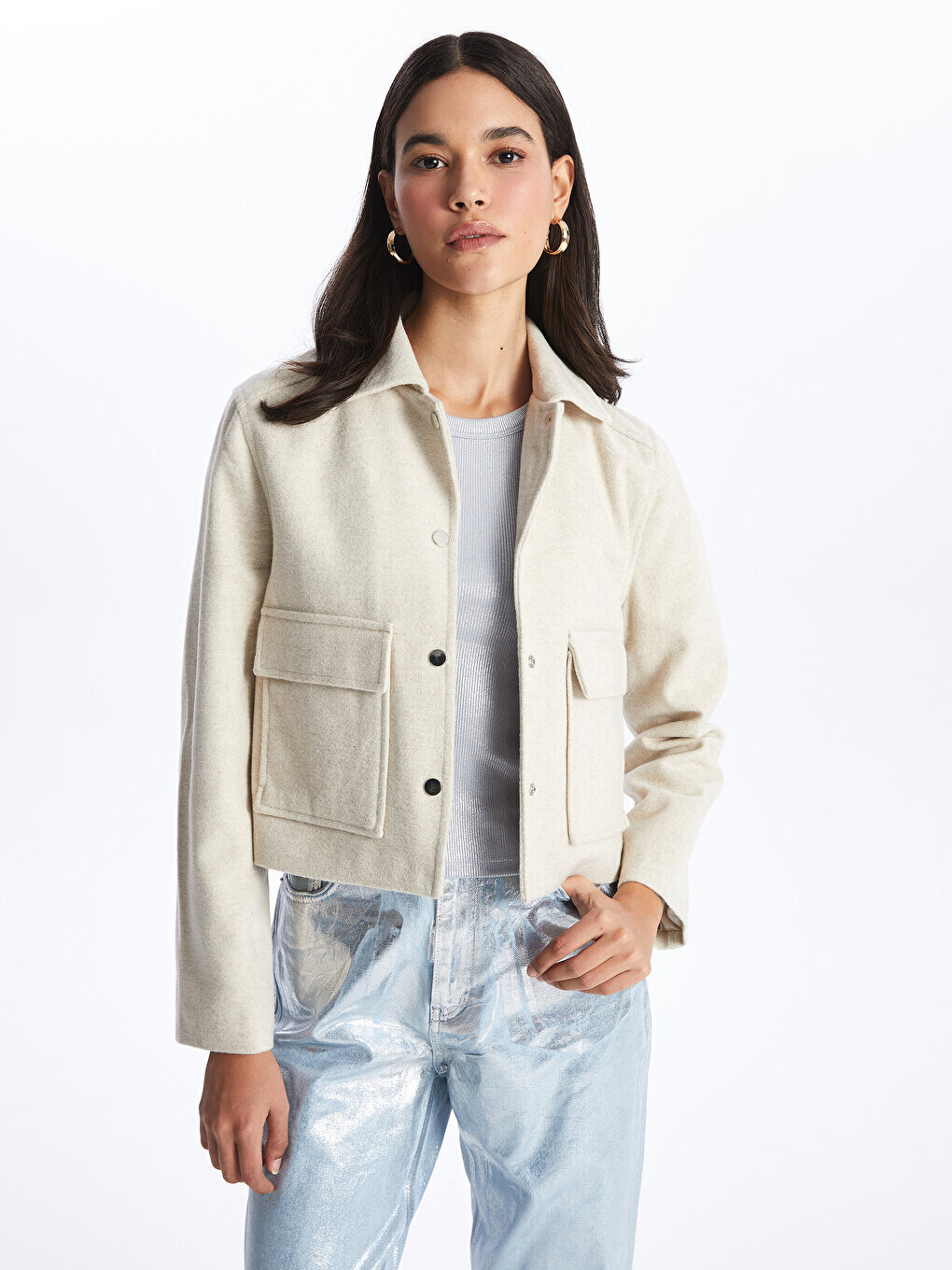 

Простая женская куртка с длинным рукавом с рубашечным воротником LCW Casual, светло-бежевый