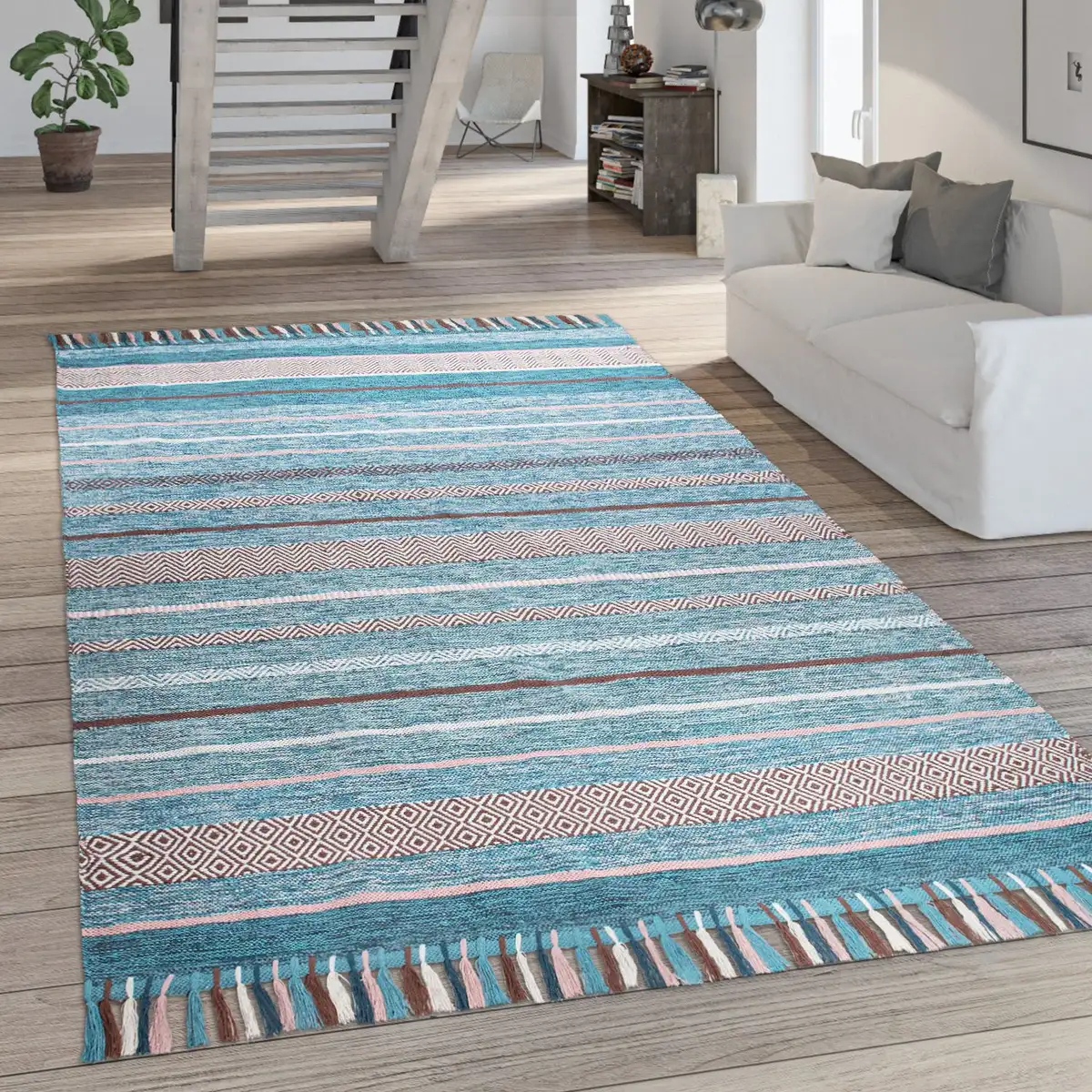 

Ковер Paco Home "Kilim 213", прямоугольный, двусторонний ковер ручной работы, чистый хлопок, в полоску, гостиная 120х170 см, бирюзовый