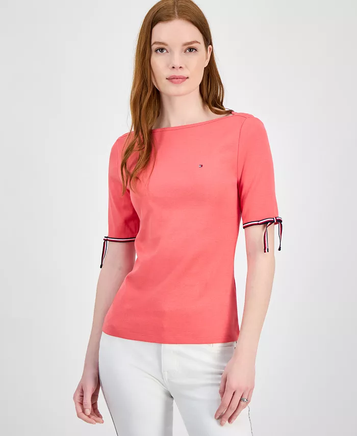 

Женская хлопковая футболка с лодочкой и завязками на рукавах Tommy Hilfiger, оранжевый