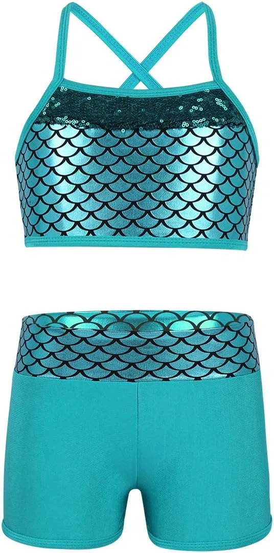 Детский спортивный комплект из топа и шорт, FEESHOW, Mermaid Green