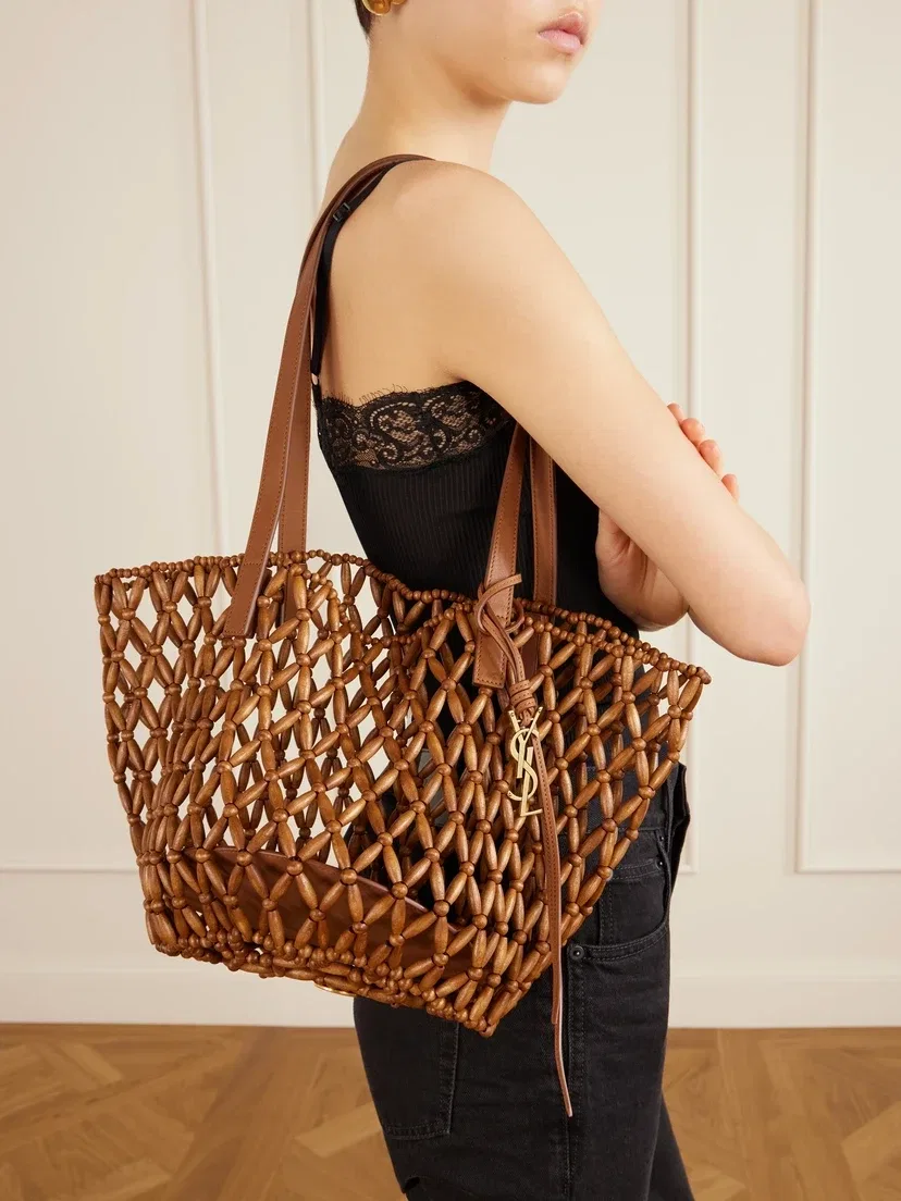 Плетеная сумка-тоут из дерева Panier с кожаной отделкой SAINT LAURENT, оранжевый — фото 2