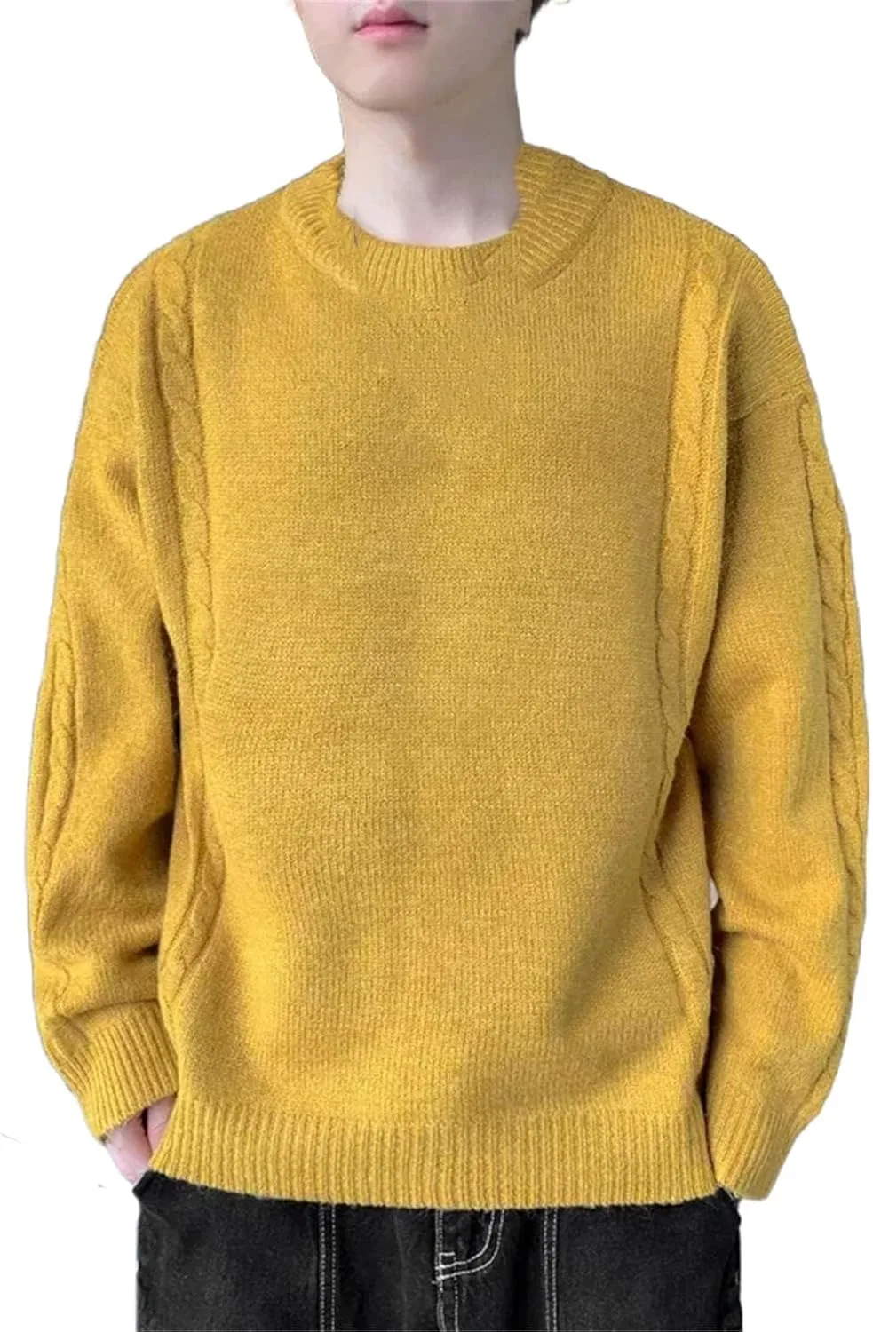 Generic Желтый свитер мужской зимний однотонный шерстяной свитер slim fit мужской стритвир O-образный воротник вязаный свитер ретро пуловер для мужчин
