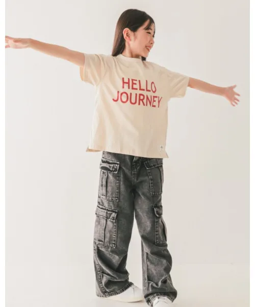 Детская футболка HELLO JOURNEY с принтом jeans-b молочного цвета — фото 2