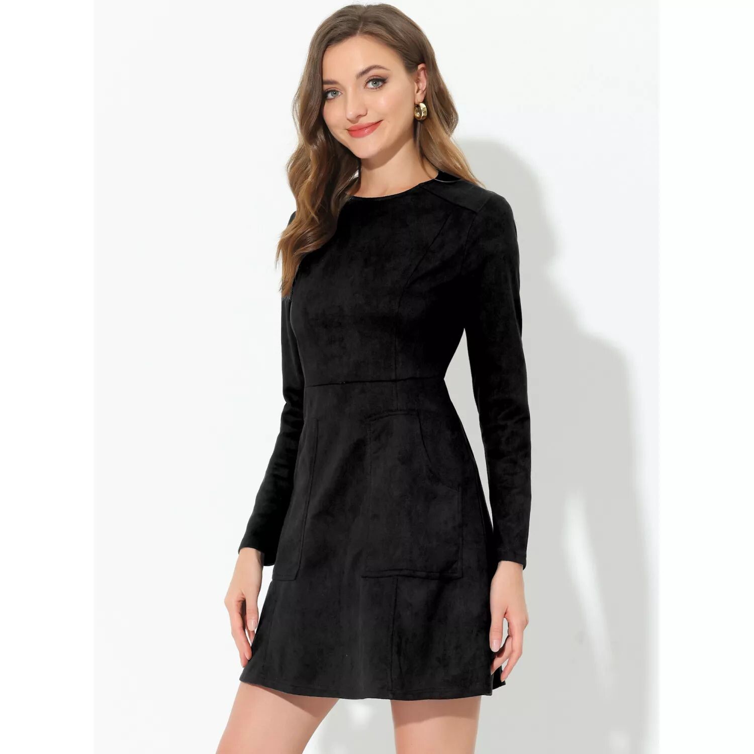 

Женское мини-платье трапециевидного силуэта из искусственной замши с круглым вырезом, длинными рукавами и карманами, коричневое, размер X LARGE ALLEGRA K, коричневый