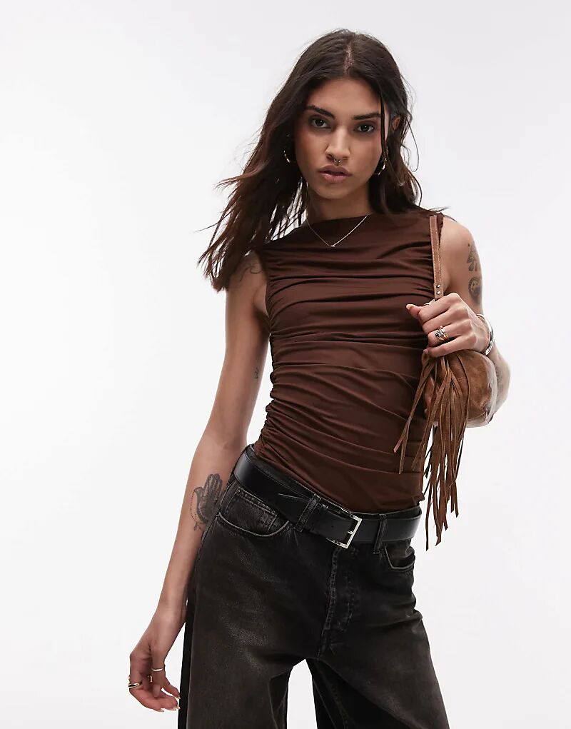 

Джерси Topshop, топ с разрезом и сборками, коричневый цвет