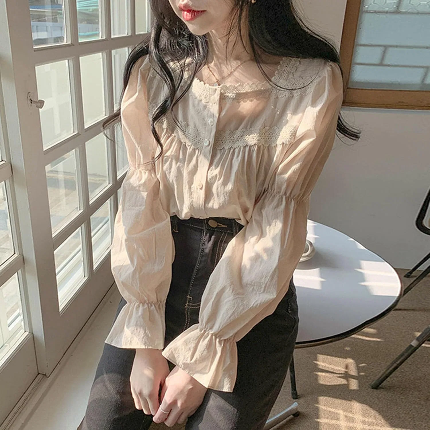 Блуза шифоновая с длинным рукавом, V-образным вырезом, модели black bow tie blouse, бежевый — фото 4