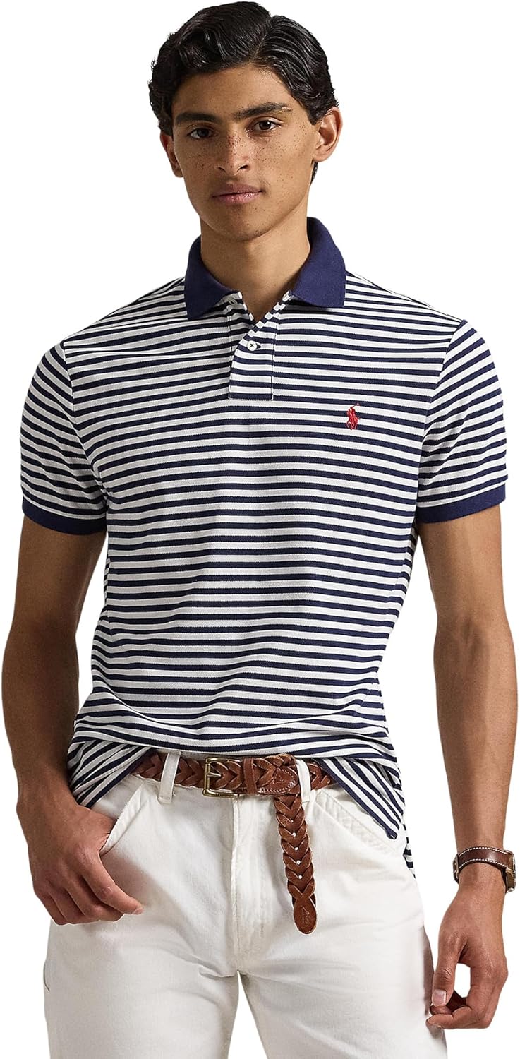 

POLO RALPH LAUREN Мужская классическая полосатая поло из сетки, Deckwash White/Newport Navy, Белый, POLO RALPH LAUREN Мужская классическая полосатая поло из сетки, Deckwash White/Newport Navy