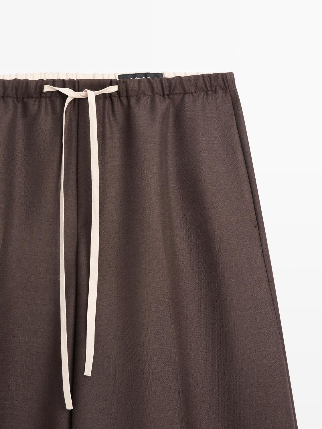 Брюки из смесовой шерсти с контрастным шнурком Massimo Dutti, brown — фото 4