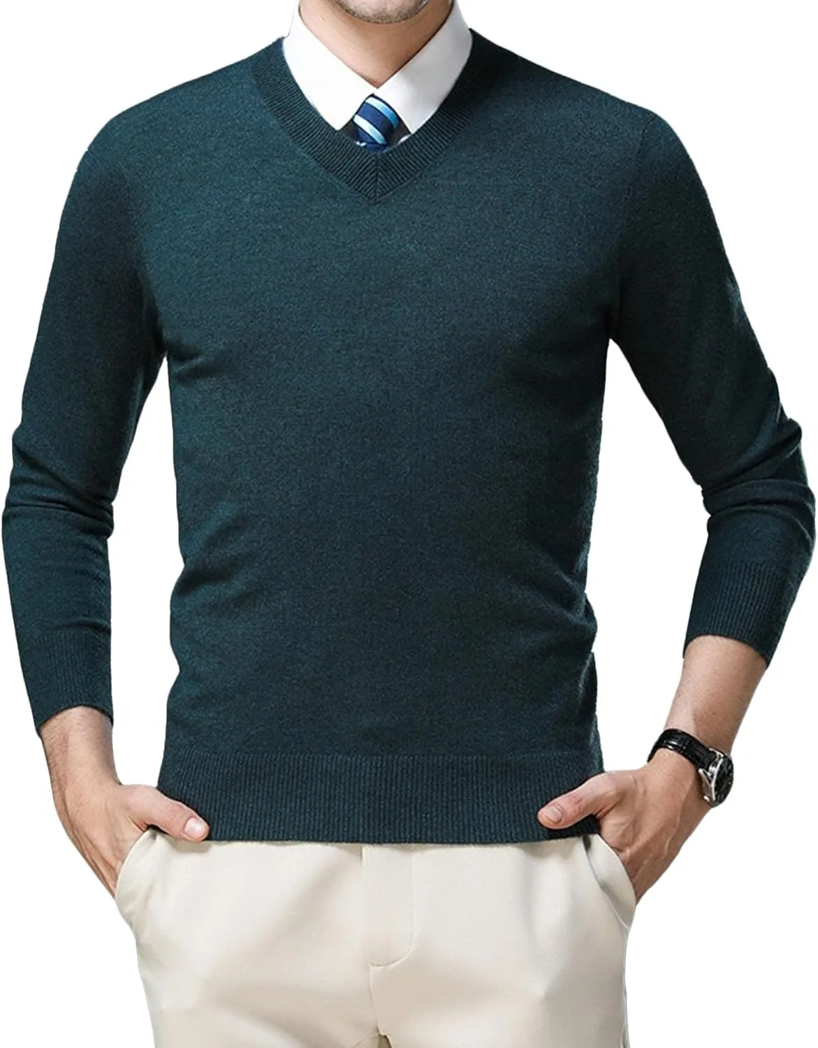 

Мужской свитер с V-образным вырезом, однотонный, Slim Fit Qolkmuiy-GJ