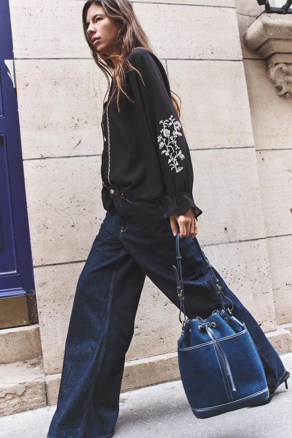 

Рубашка с вышитыми рукавами ZARA, черный