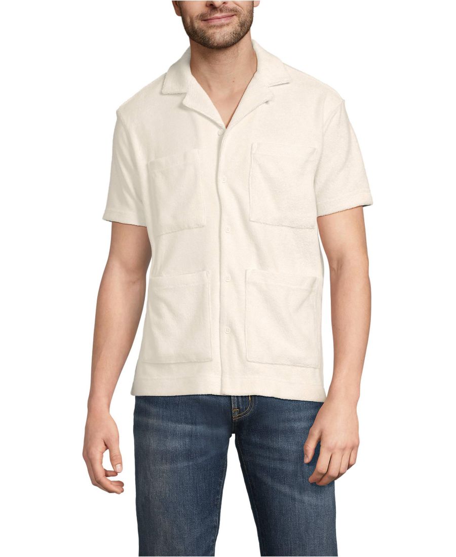 

Мужская футболка с коротким рукавом из фактурной махровой ткани с воротником-стойкой Lands' End, Antique alabaster