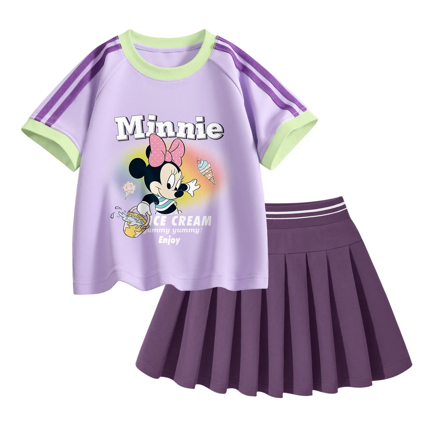 Детский комплект из юбки и тонкой короткой футболки с круглым вырезом Disney, Dazzling Sky Purple+Solid Color Mu Purple