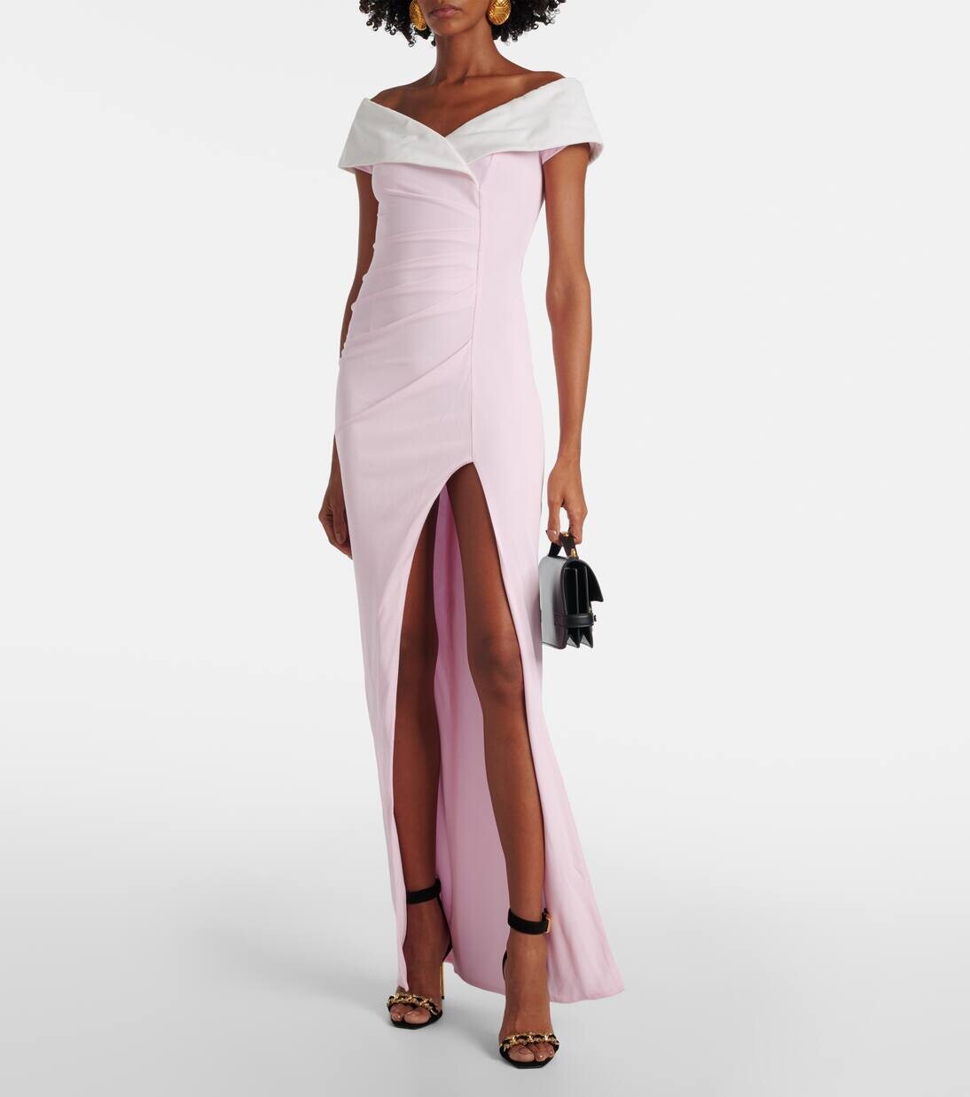 Платье из джерси с драпировкой и открытыми плечами Balmain, цвет rose pale/blanc — фото 2
