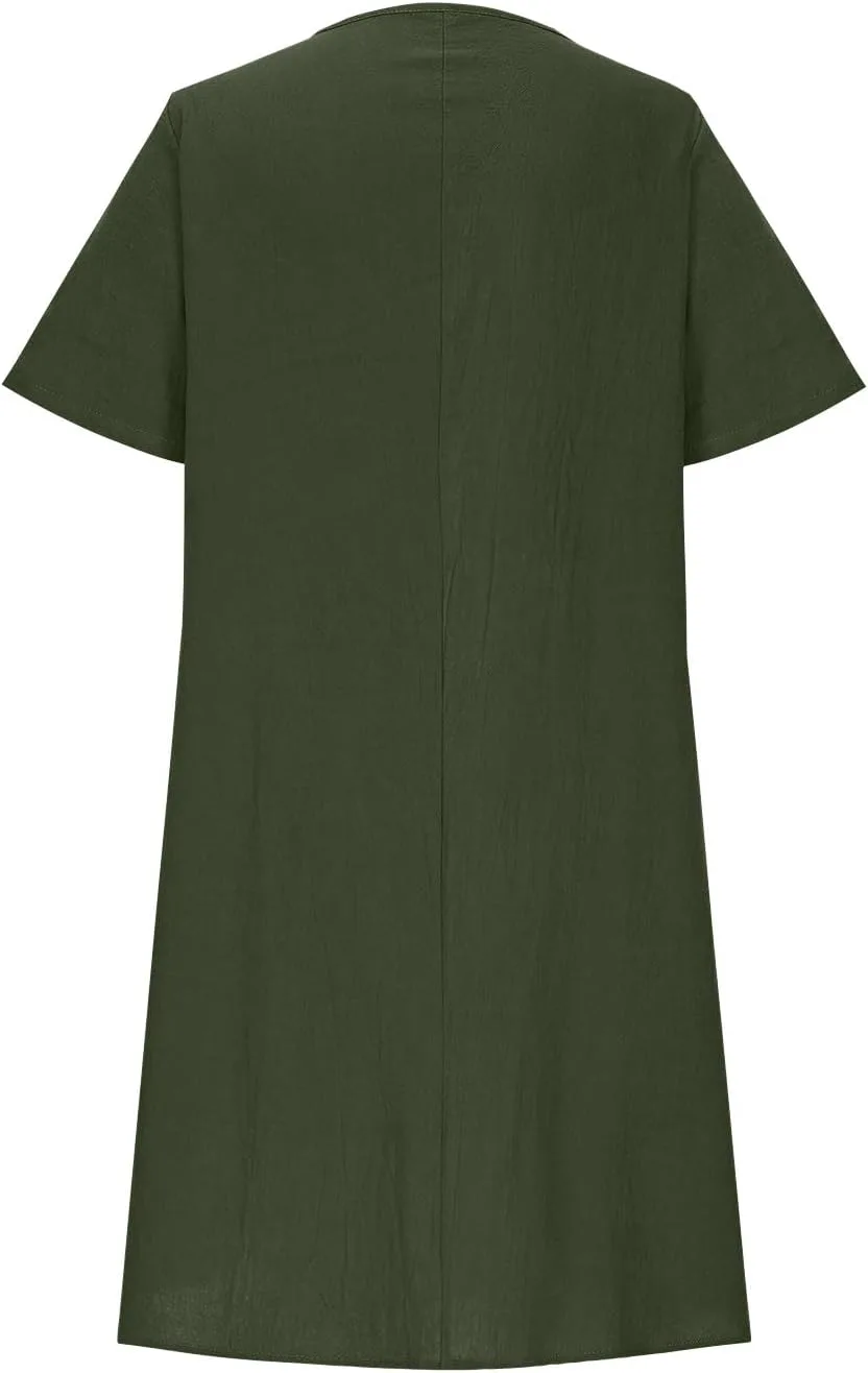 Женское летнее платье 2025 Casual Cotton Linen для пляжного отдыха, длина до колена, лодочка, короткий рукав, плиссированное Generic, зеленый — фото 4
