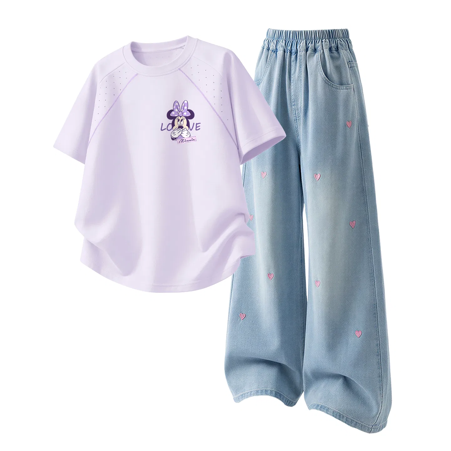 Детская повседневная спортивная футболка с круглым вырезом Disney, Di B Letter Smile K Hyacinth Purple+Solid Color Denim Light Blue — фото 3