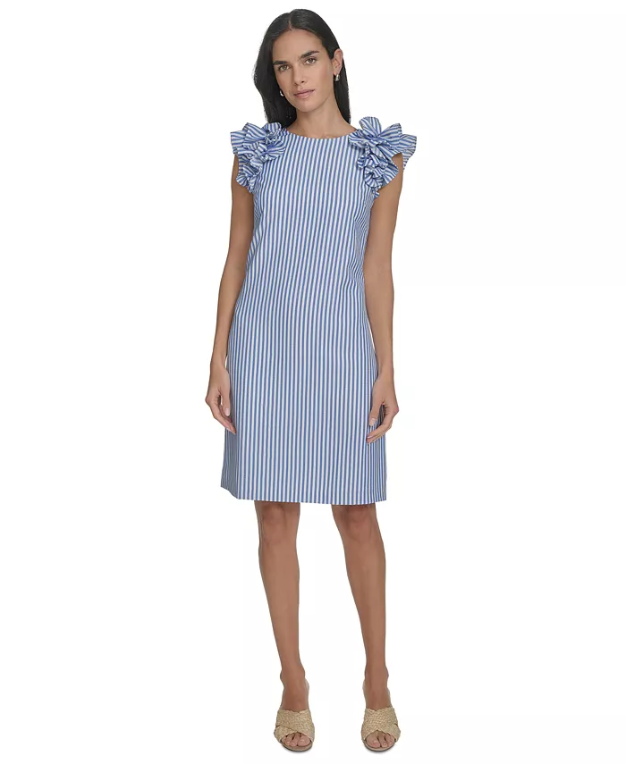 

Мини-платье-футляр с рюшами на плечах Petite Ruffle-Shoulder Shift Dress Jessica Howard, синий