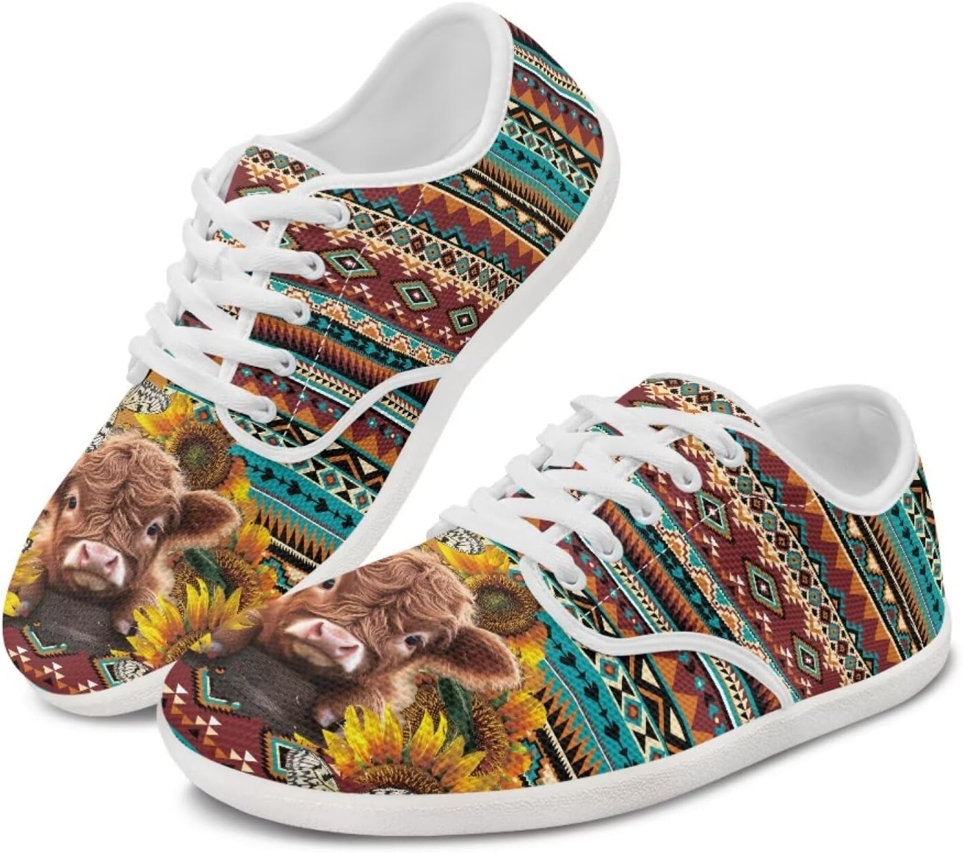 

Кроссовки chaqlin с рисунком коровы для женщин и мужчин, широким круглым носком, теннисные кроссовки, противоскользящие, без перепада, на шнуровке, низкие, Sunflower Cattle Aztec Stripes