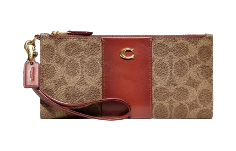 

COACH Двойной кошелек на молнии из фирменного лакированного полотна с клатчем для карт из телячьей кожи Женский кошелек в бежевом и рыжеватом цветах