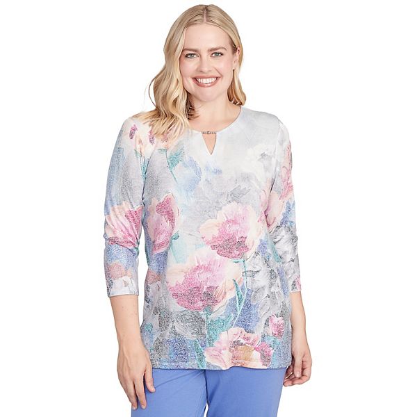 

Женский топ с цветочным принтом и разрезом на горловине Alfred Dunner