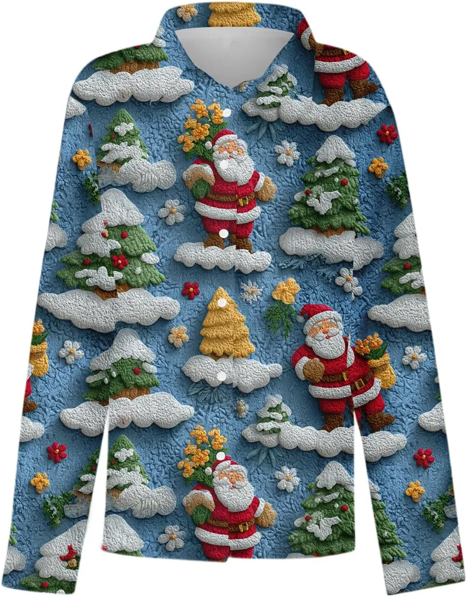 Женская блуза с рождественским принтом, Oversized, Long Sleeve, Button Down, 2-light Blue — фото 4