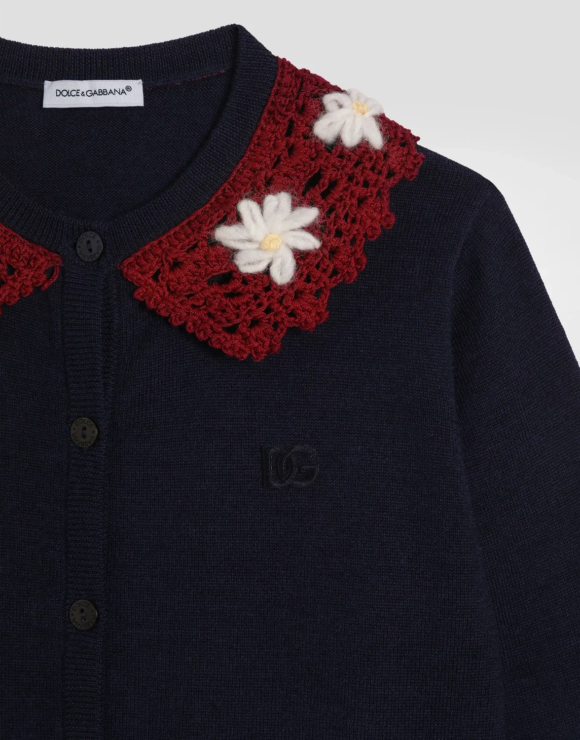 Шерстяной кардиган с вышитым вязаным крючком воротником Dolce & Gabbana, синий — фото 4