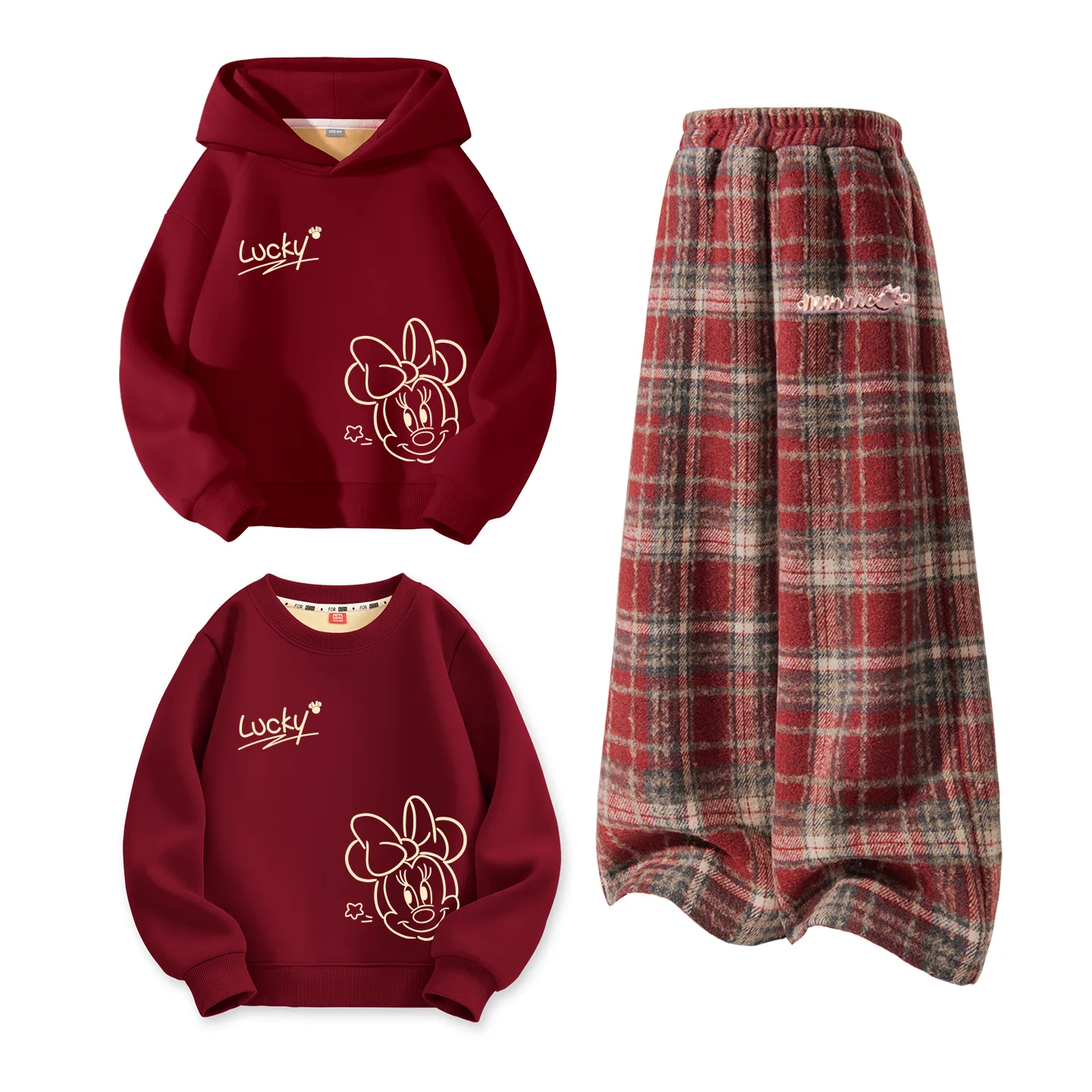 Disney Kids Tang Suits Crew Neck Thickness, [Thickened and Fleece-Lined]Di Lucky Line K Burgundy+Di Long Metal Label K Red Plaid+Di Lucky Line K Burgundy