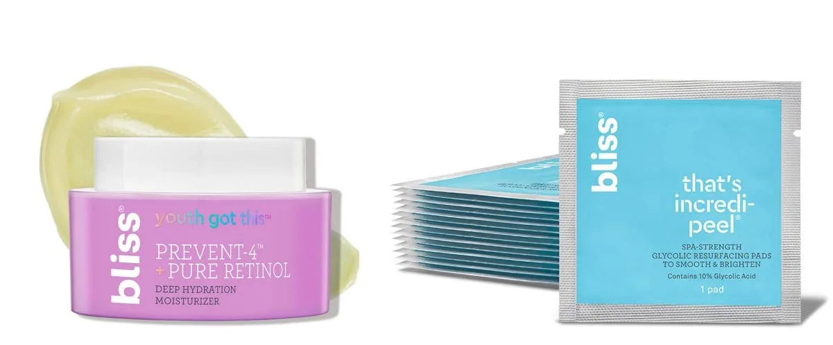 Bliss Resurfacing Nightime Duo: Bliss That's Incredi-Peel Glycolic Resurfacing Pads & Youth Got This Prevent-4 + Pure Retinol Deep Hydration Moisturizer