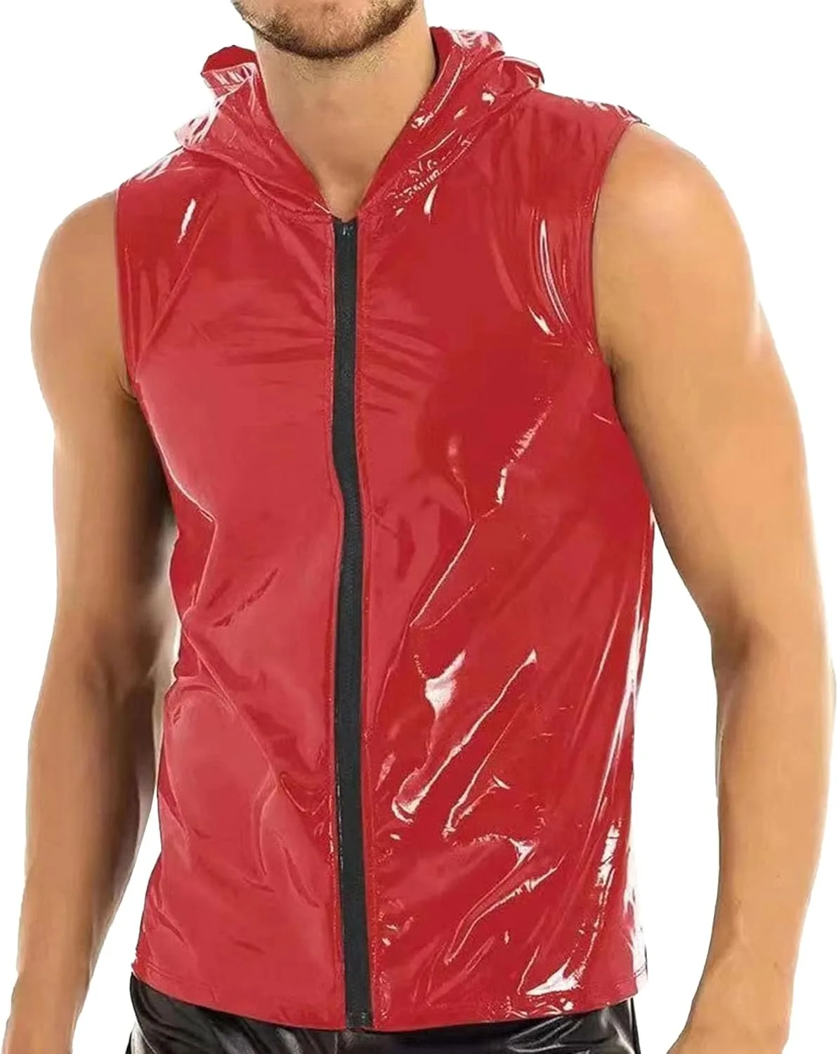 

Мужская кожаная блестящая майка-топ с капюшоном Metallic VgueElegc