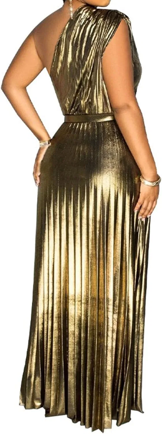 Generic Золотое платье Women's Elegant с одним плечом длинное плиссированное вечернее платье Formal без рукавов — фото 3